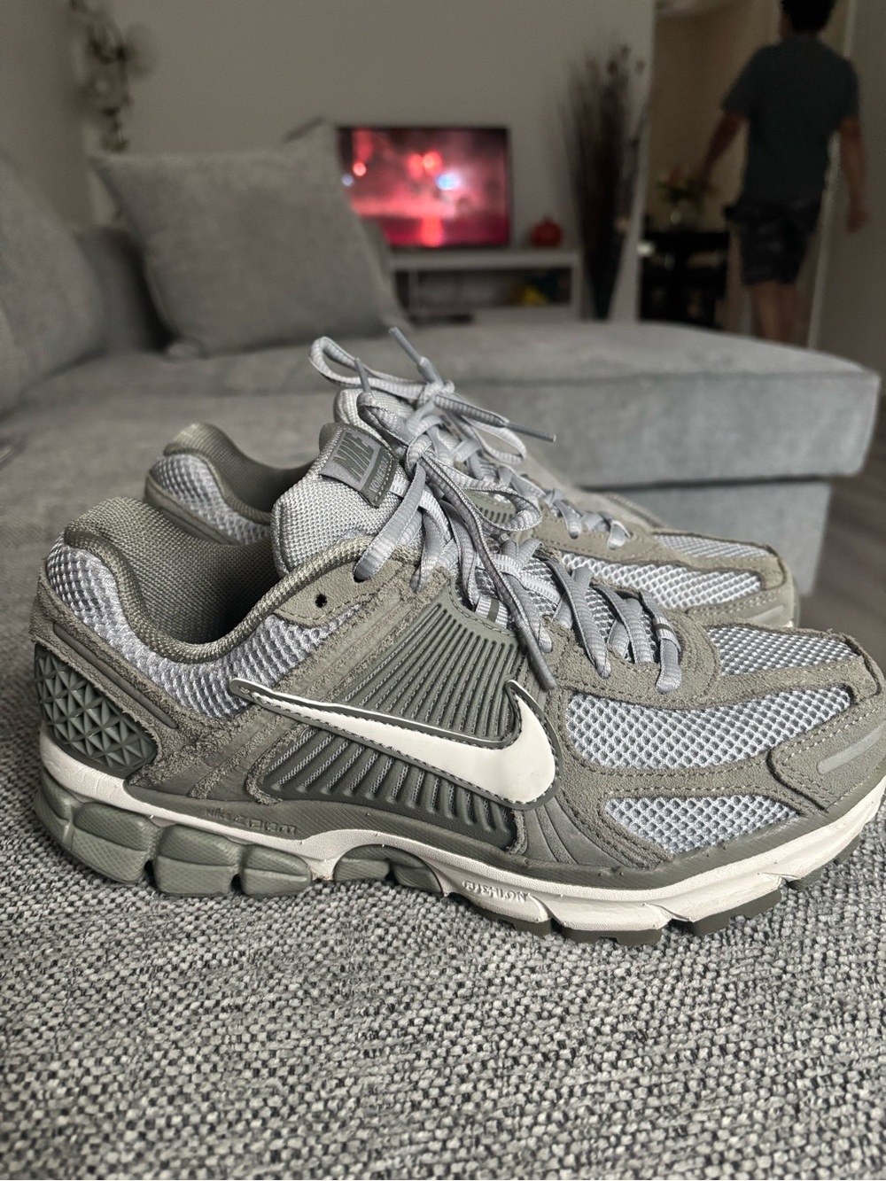 Nike Men’s Grey Mesh Athletic Shoes with White Swoosh